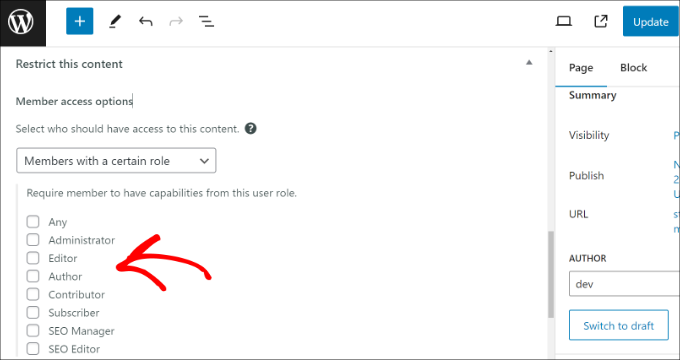 Choose user roles to limit page access Choose user roles to limit page access