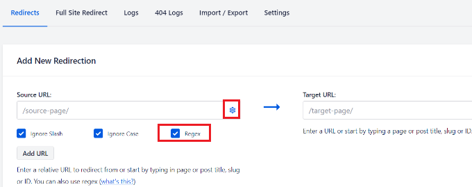 Włącz opcję wyrażeń regularnych w menedżerze przekierowań