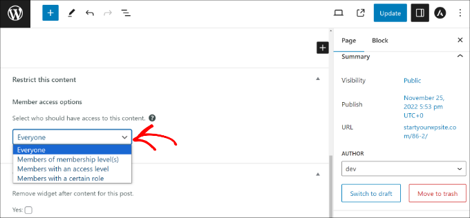 Restrict content by user role Select user role to restrict pages