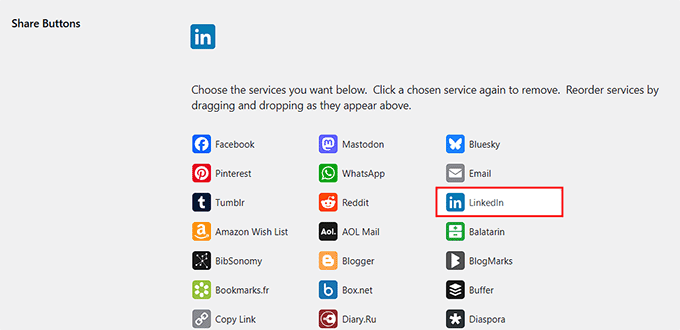 Choose LinkedIn as the social sharing button