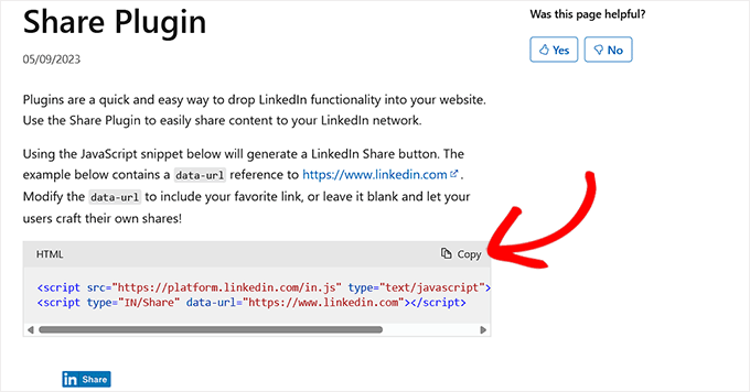 Copy the official LinkedIn share button plugin code