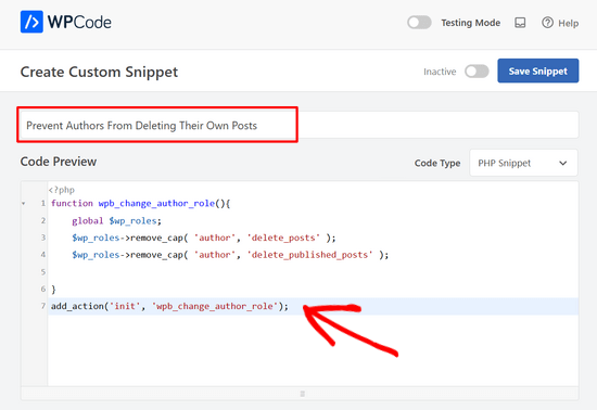 Paste the code snippet to prevent authors from deleting posts