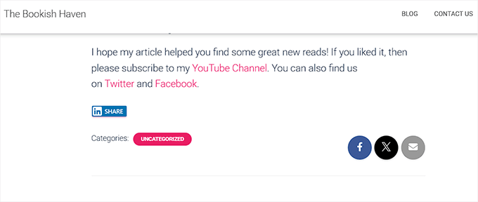 Preview of the LinkedIn share button at the bottom of the content