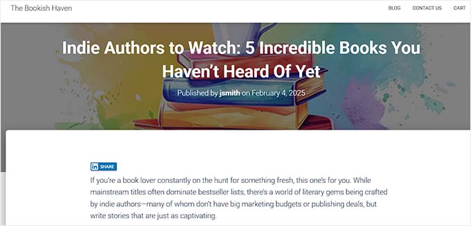 Preview of LinkedIn share button at the top of your content