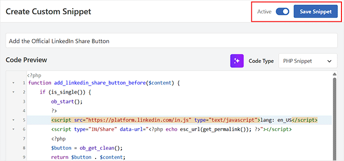 Save the snippet for adding the LinkedIn share button