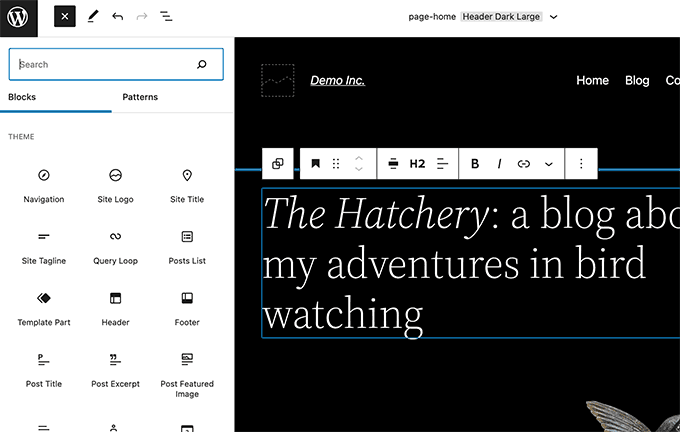 Site editor interface Site editor interface