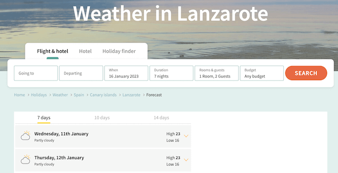 An example of a weather forecast on a booking form An example of a weather forecast on a booking form