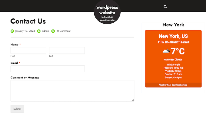 A example of a weather forecast, added to a WordPress website A example of a weather forecast, added to a WordPress website