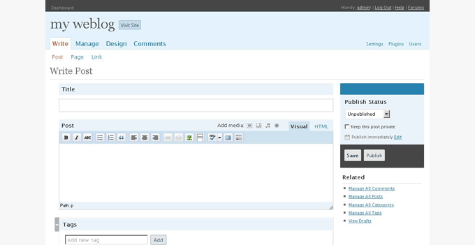 Post editor in WordPress 2.5 Post editor in WordPress 2.5