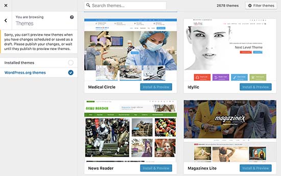 Installera och förhandsgranska WordPress.org-teman direkt från anpassaren