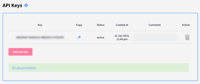 Copy the API key for wallet Copy the API key for wallet