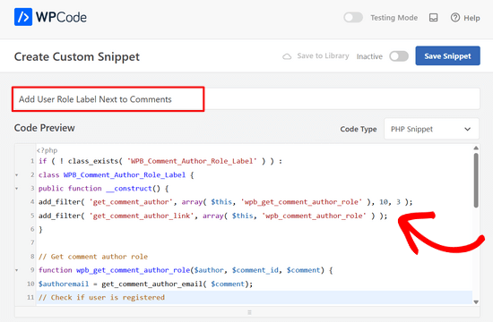 Add a snippet title and paste the code to add a user role label next to comments
