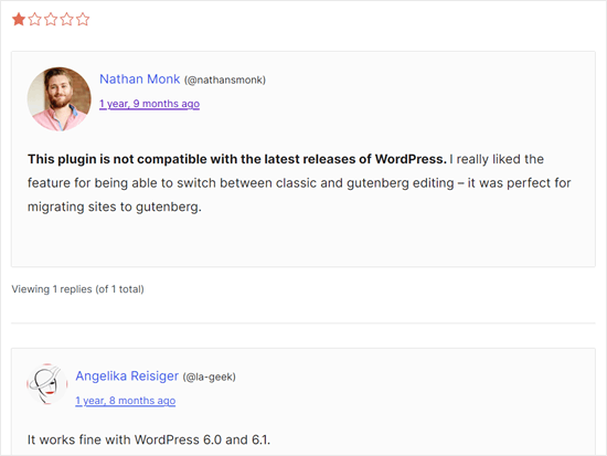An example of a negative review for a WordPress plugin An example of a negative review for a WordPress plugin