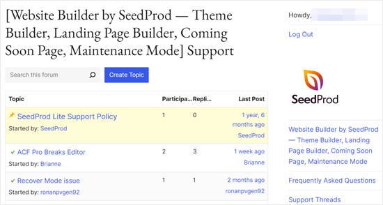 Plugin support tab A WordPress plugin's support page