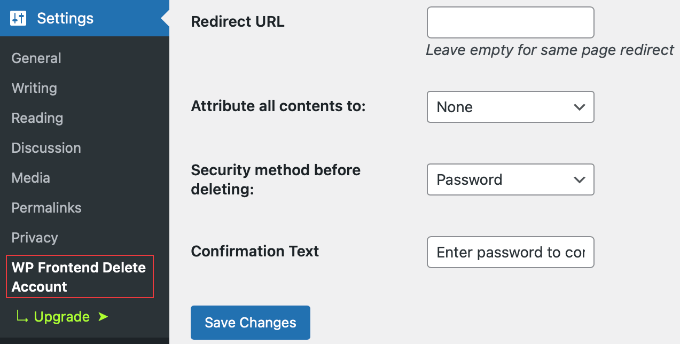 WP Frontend Delete Account Settings WP Frontend Delete Account Settings