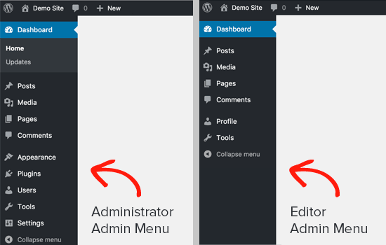 Administrator vs Editor dashboard in WordPress Administrator vs Editor dashboard in WordPress