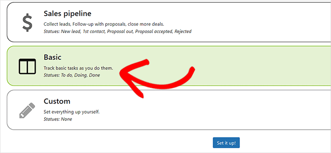 Alegeți opțiunea de bază pentru a crea un panou kanban simplu