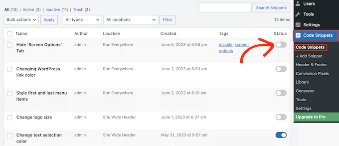 Deactivating a custom code snippet using WPCode Deactivating a custom code snippet using WPCode