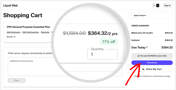 Liquid Web shopping cart page