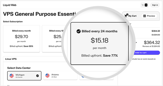 Liquid Web dashboard and order summary