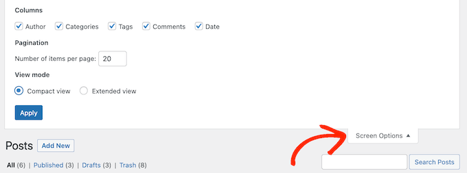 The Screen Options, in the WordPress posts page The Screen Options, in the WordPress posts page