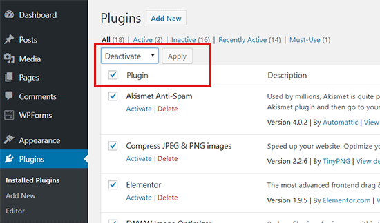 Deactivate all WordPress plugins Deactivate all WordPress plugins