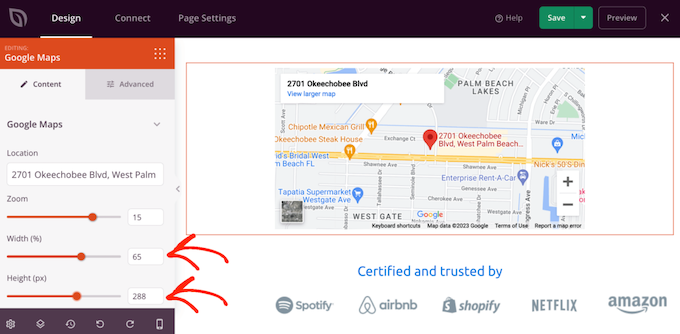 Modification de la largeur et de la hauteur d'un bloc Google Maps