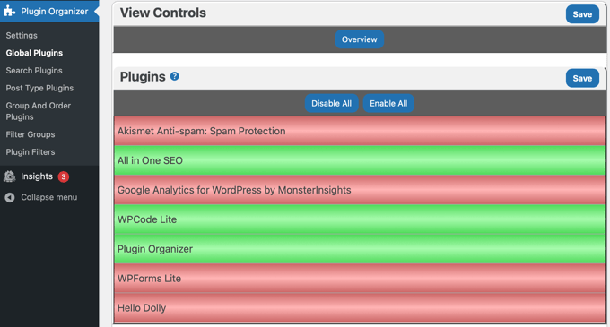 無効なプラグインは赤でハイライトされます