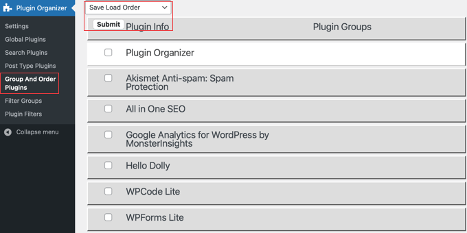 プラグインオーガナイザー グループ化と並べ替え