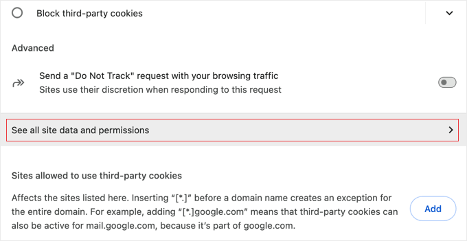 View all cookies and site data
