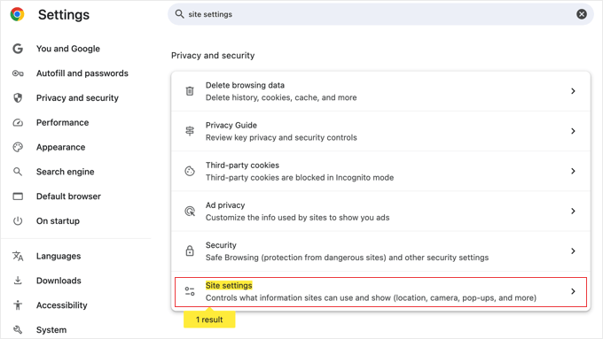 Site settings in Google Chrome