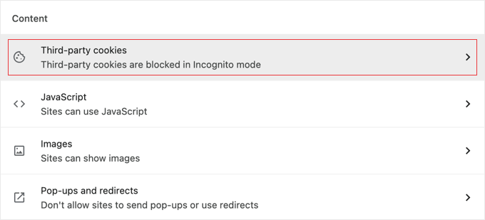 Cookies section in Chrome settings