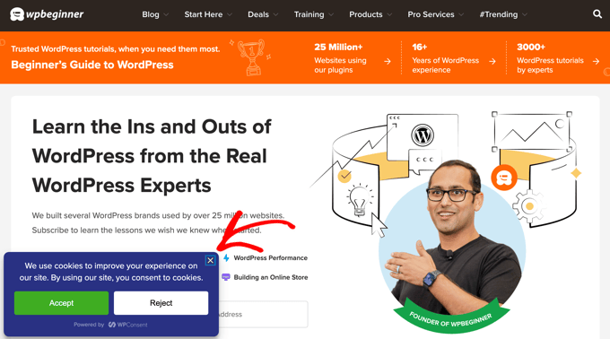 Cookies popup created with WPConsent