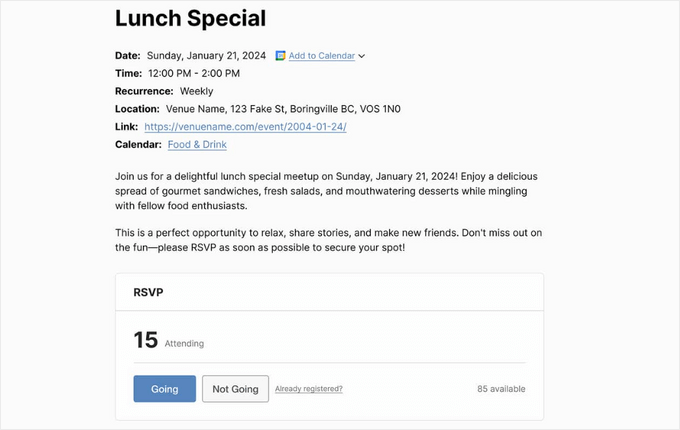 Sugar Calendar's RSVP addon