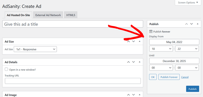Schemalägg eller publicera annonsen AdSanity schemalägga eller publicera annons