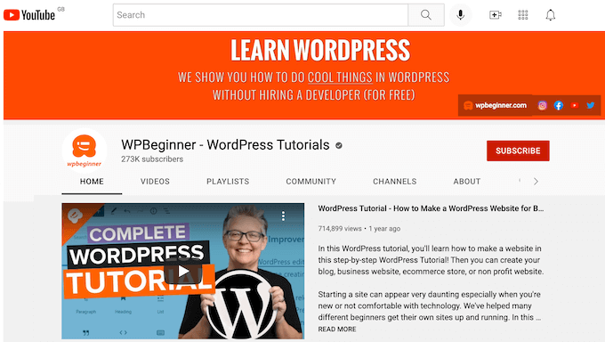 The WPBeginner YouTube channel The WPBeginner YouTube channel