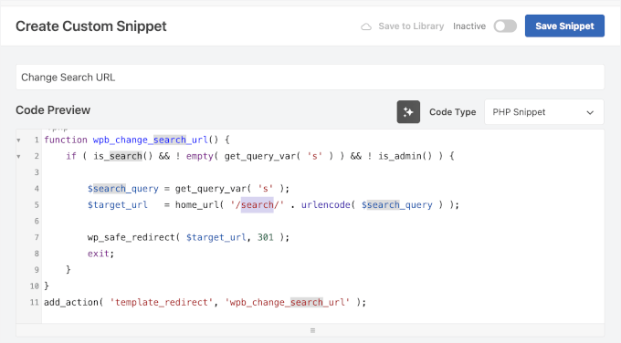Vista previa del código para cambiar la URL de búsqueda personalizada