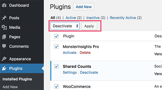 Deactivate all plugins Deactivate all plugins