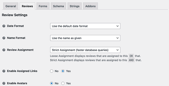 Site reviews settings page