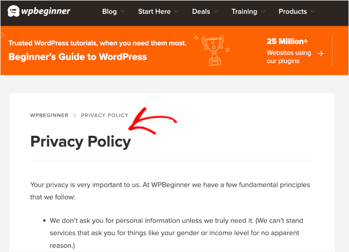 WPBeginner's Privacy Policy page
