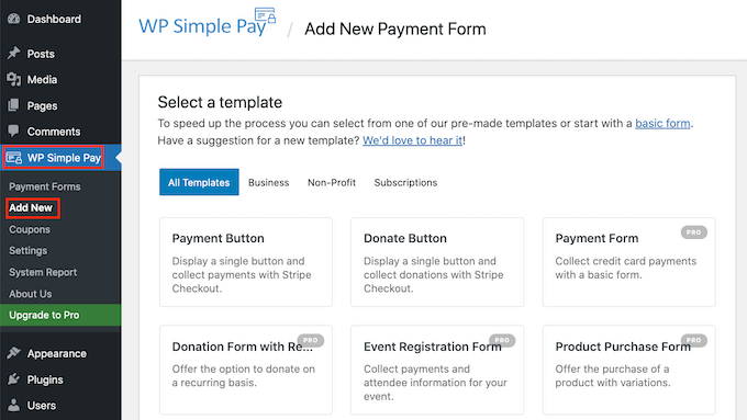 Skapa ett nytt WP Simple Pay-formulär Skapa ett nytt WP Simple Pay-formulär