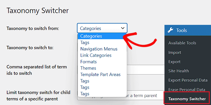 Choose categories option from the Taxonomy to switch from dropdown menu Choose categories option from the Taxonomy to switch from dropdown menu