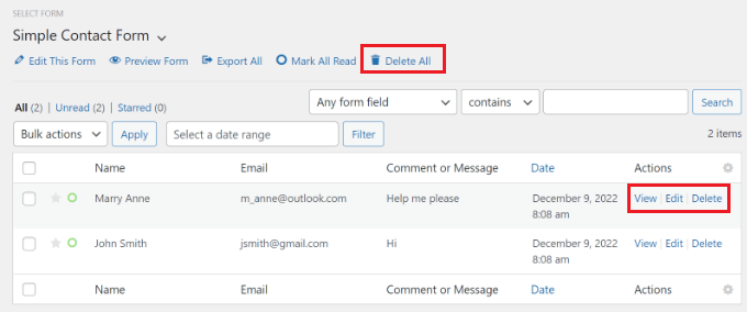 Delete form entries Delete form entries