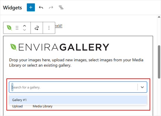 Choosing a gallery to display with the Envira Gallery widget
