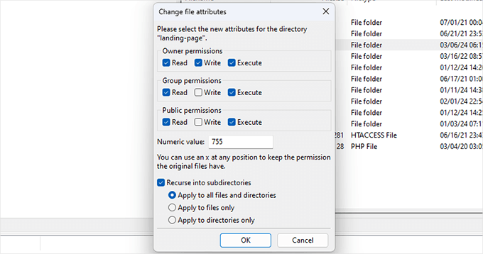 File permissions checkbox File permissions checkbox