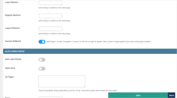 Giriş açılır pencere eklentisinin daha genel ayarları