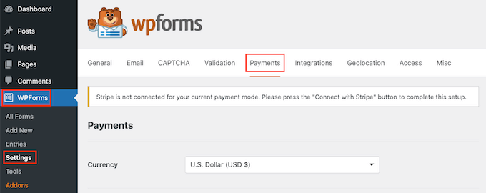 WPForms' payment settings WPForms' payment settings