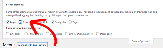 Add Post from screen options section Add Post from screen options section