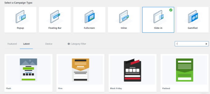 Choose campaign type and template Choose slide in campaign type