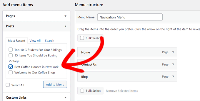 Click the Add to menu button after checking a post Click the Add to menu button after checking a post